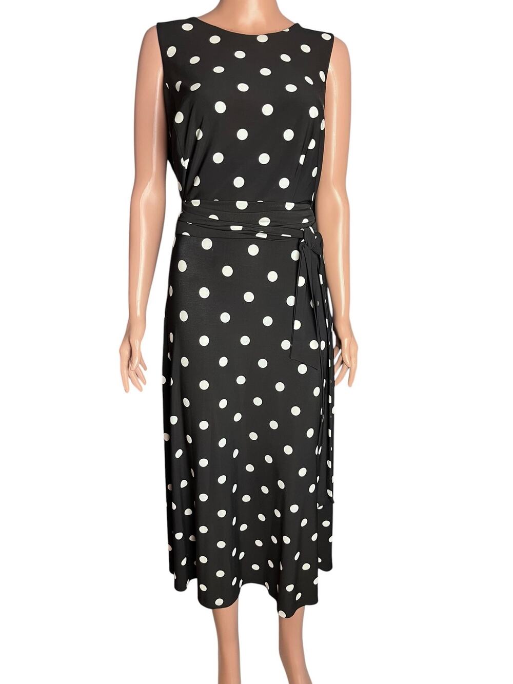 Lauren Ralph Lauren Dress 14W Navy White Polka Dot Midi Tie Waist Plus Size
